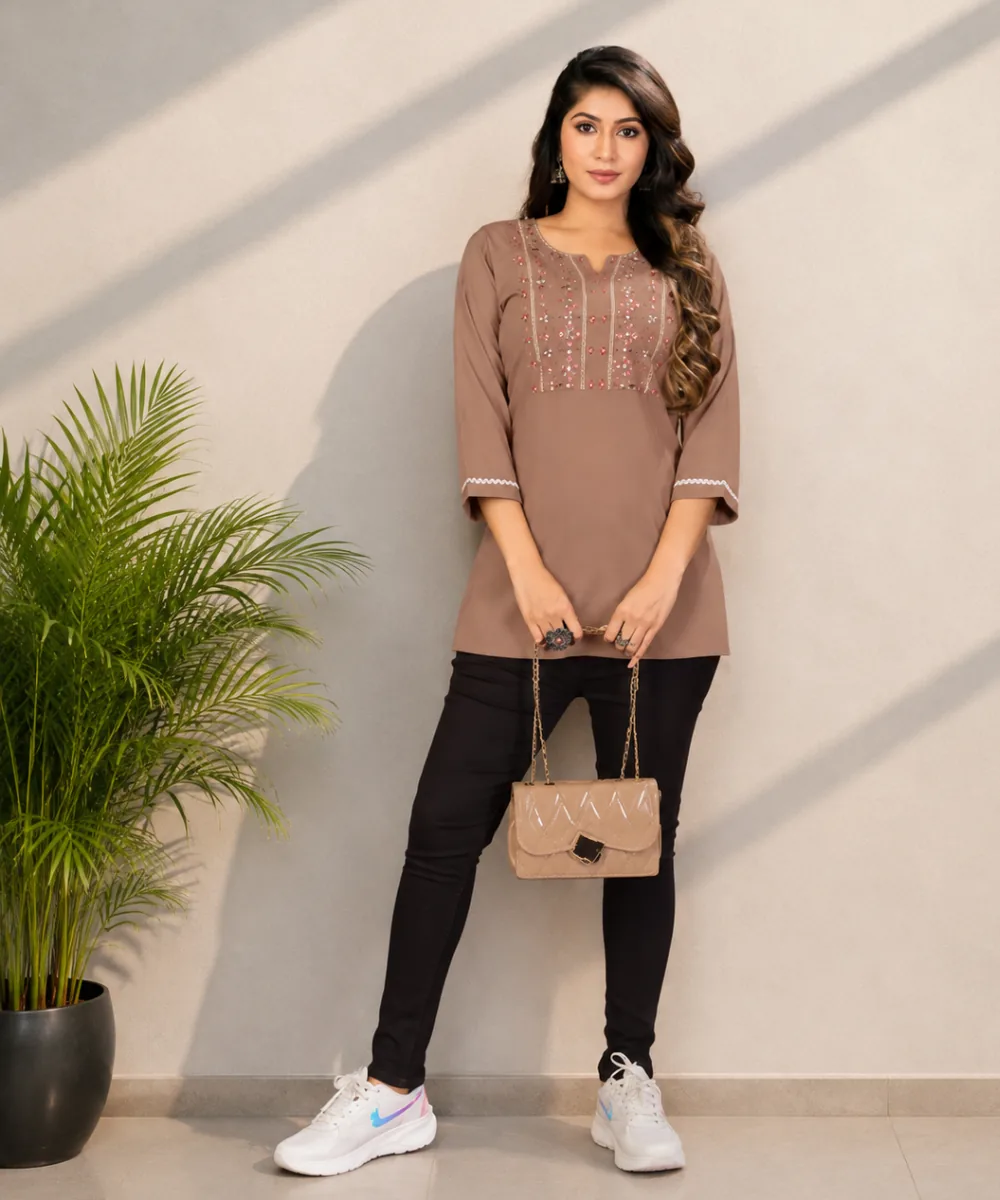 Brown Cotton Top - DK-265-402 wholesale Short Kurti / 1 Piece