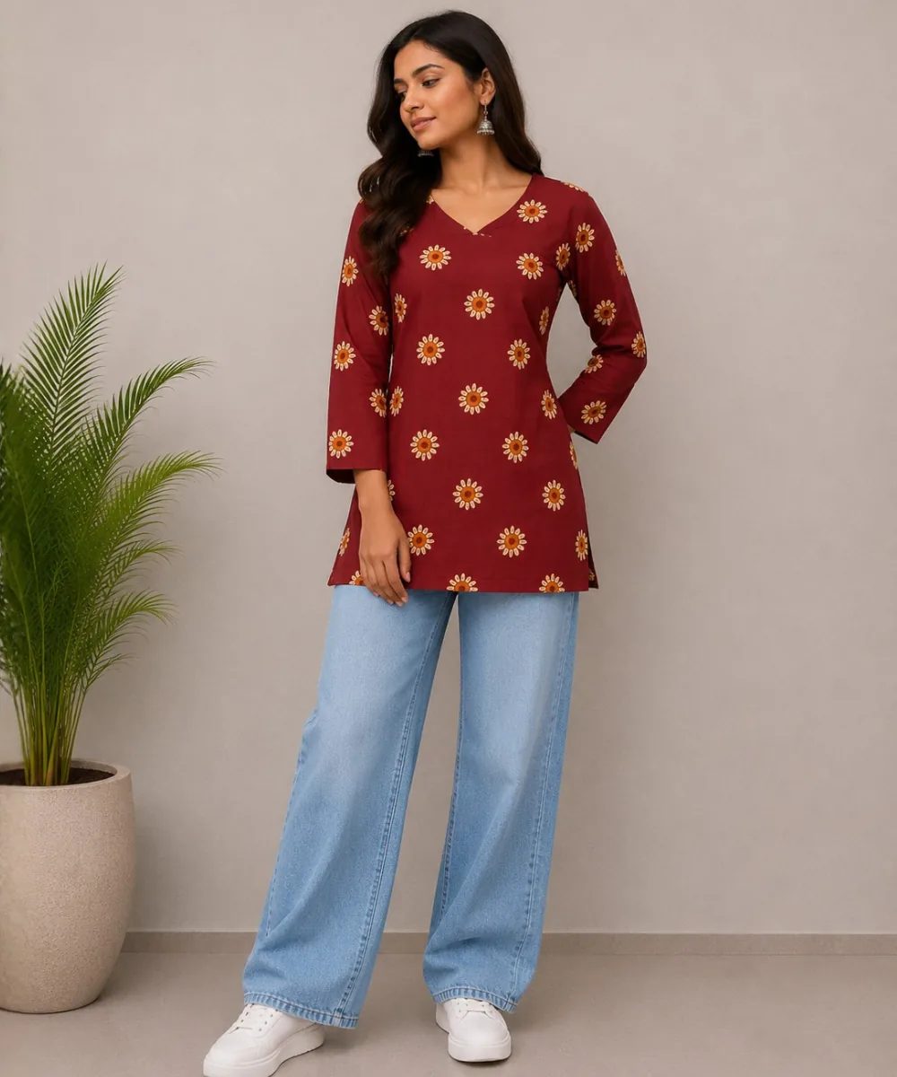 Maroon Floral Kurti - DK-206 wholesale Short Kurti / 1 Piece