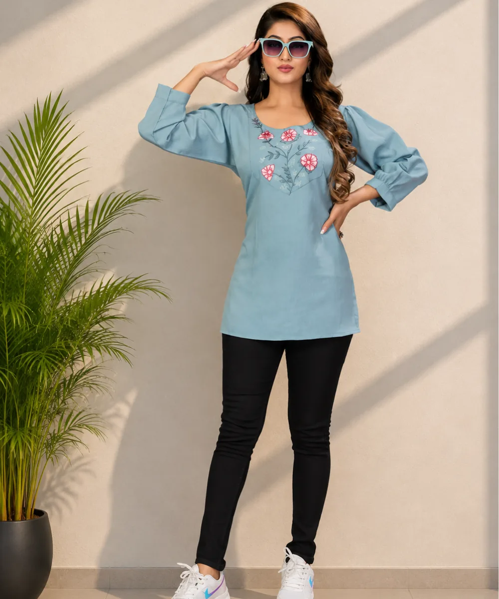 Blue Cotton Top - DK-271-408 wholesale Short Kurti / 1 Piece