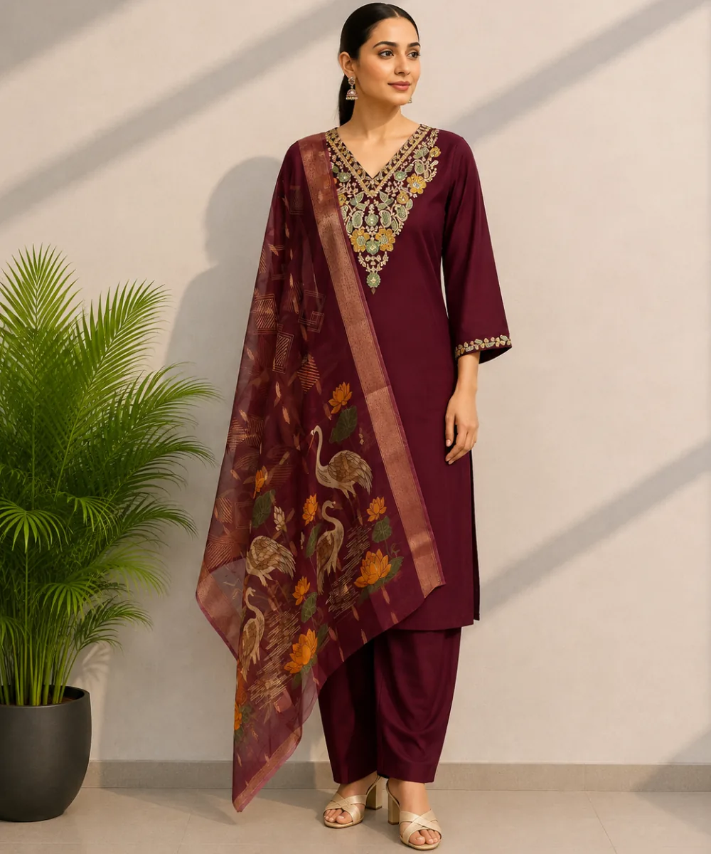 Maroon Embroidered Coord Set - DR-511 wholesale 3 Piece Suit