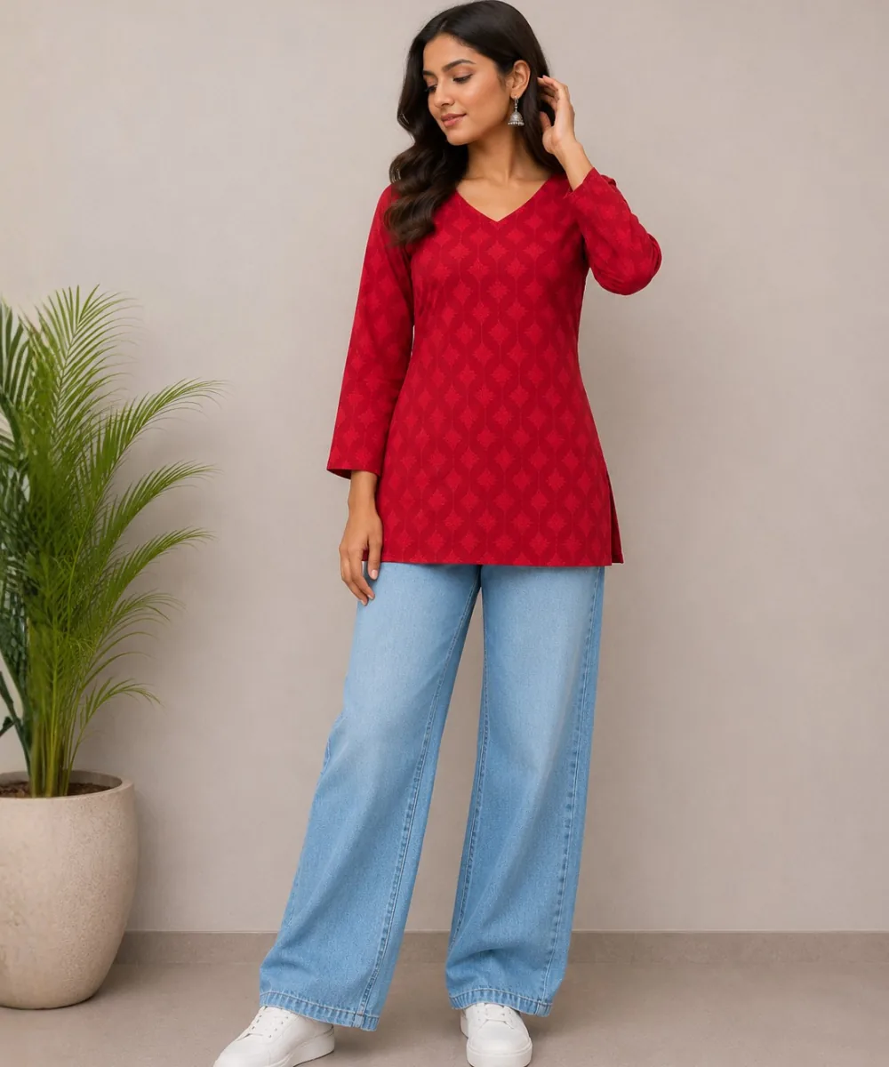 Red Cotton Kurti - DK-207 wholesale Short Kurti / 1 Piece
