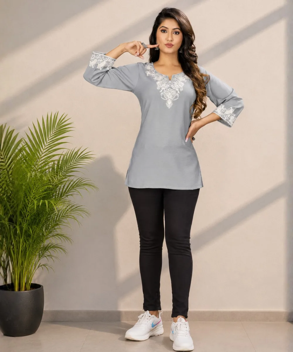 Grey Cotton Top - DK-267-404 wholesale Short Kurti / 1 Piece