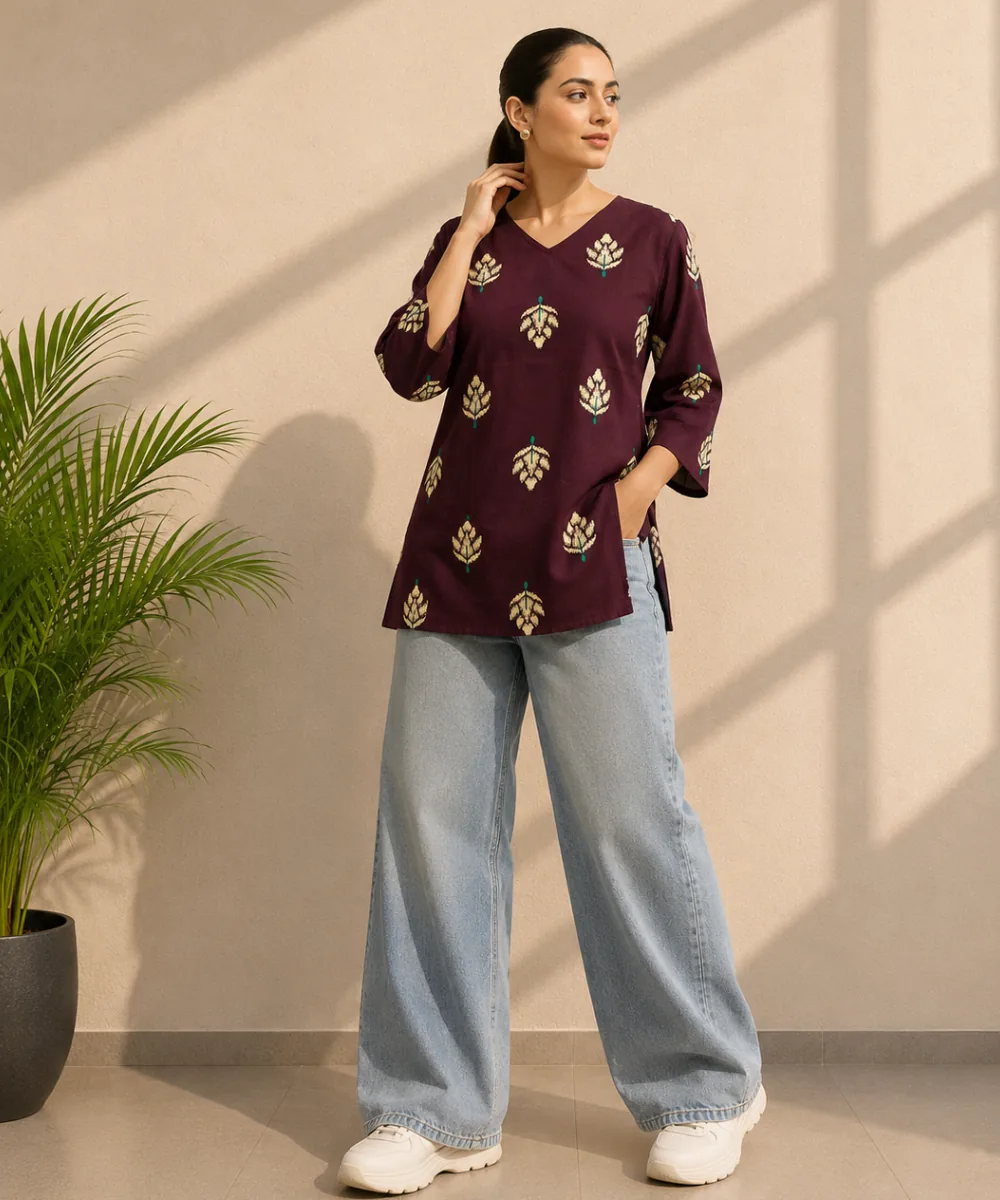Maroon Leaf Kurti - DK-211 wholesale Short Kurti / 1 Piece