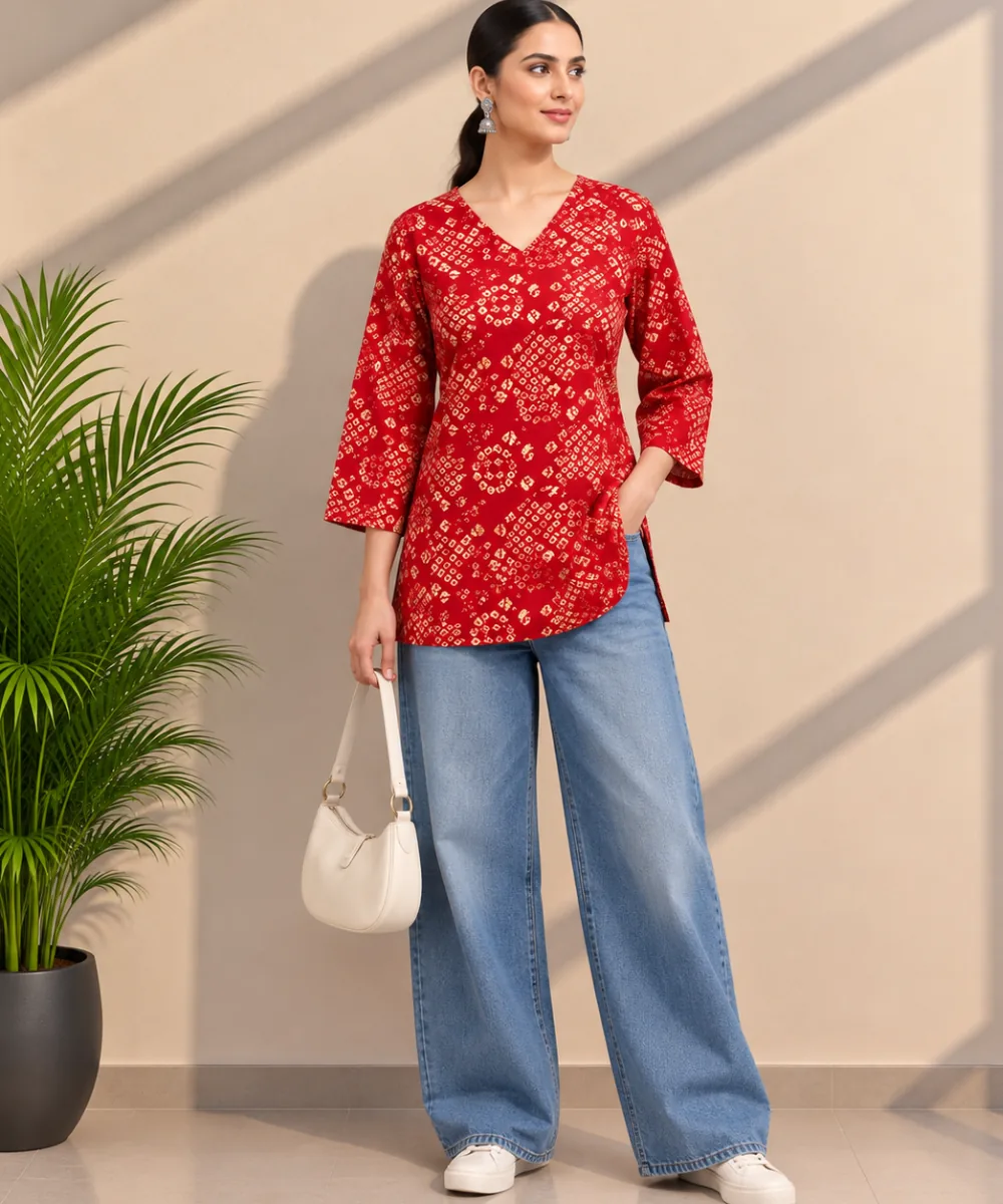Red Batik Kurti - DK-214 wholesale Short Kurti / 1 Piece