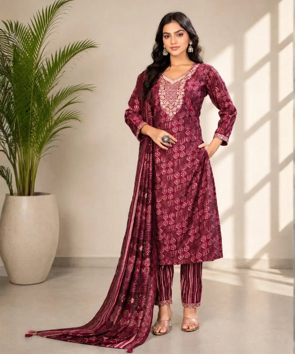 Maroon Chanderi Suit - DR-558-1437 wholesale 3 Piece Suit
