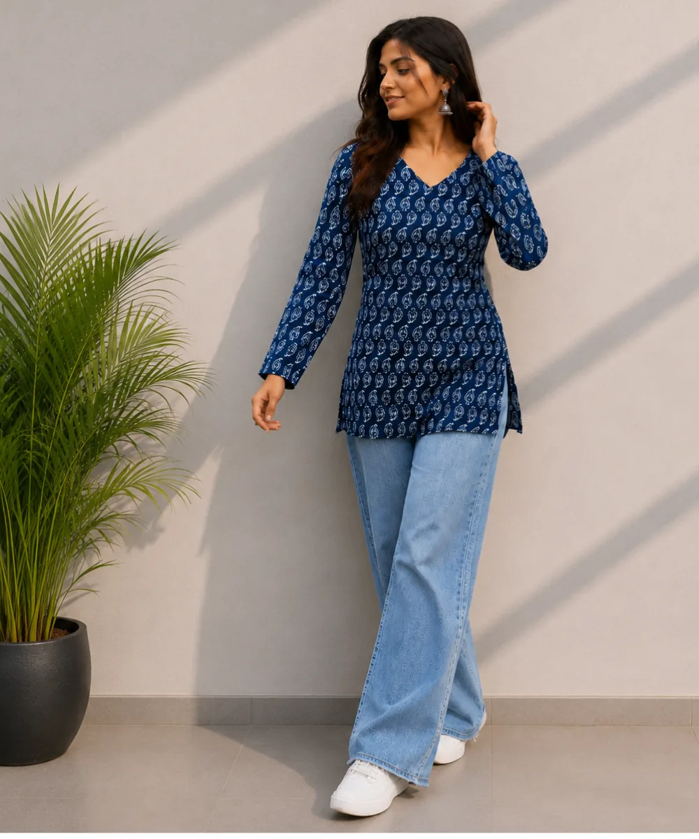 Blue Cotton Kurti - DK-203 wholesale Short Kurti / 1 Piece