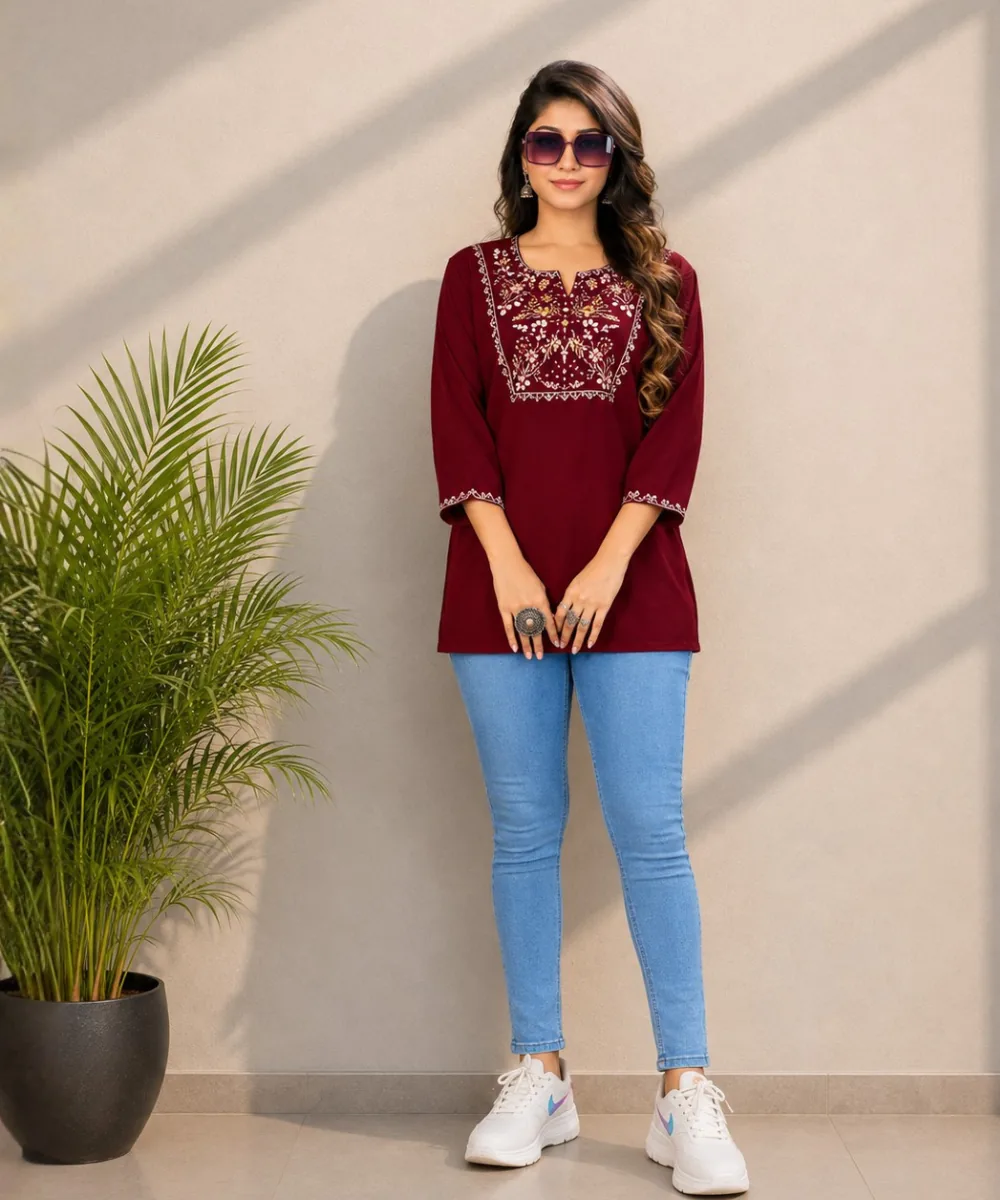 Maroon Embroidered Top - DK-268-405 wholesale Short Kurti / 1 Piece