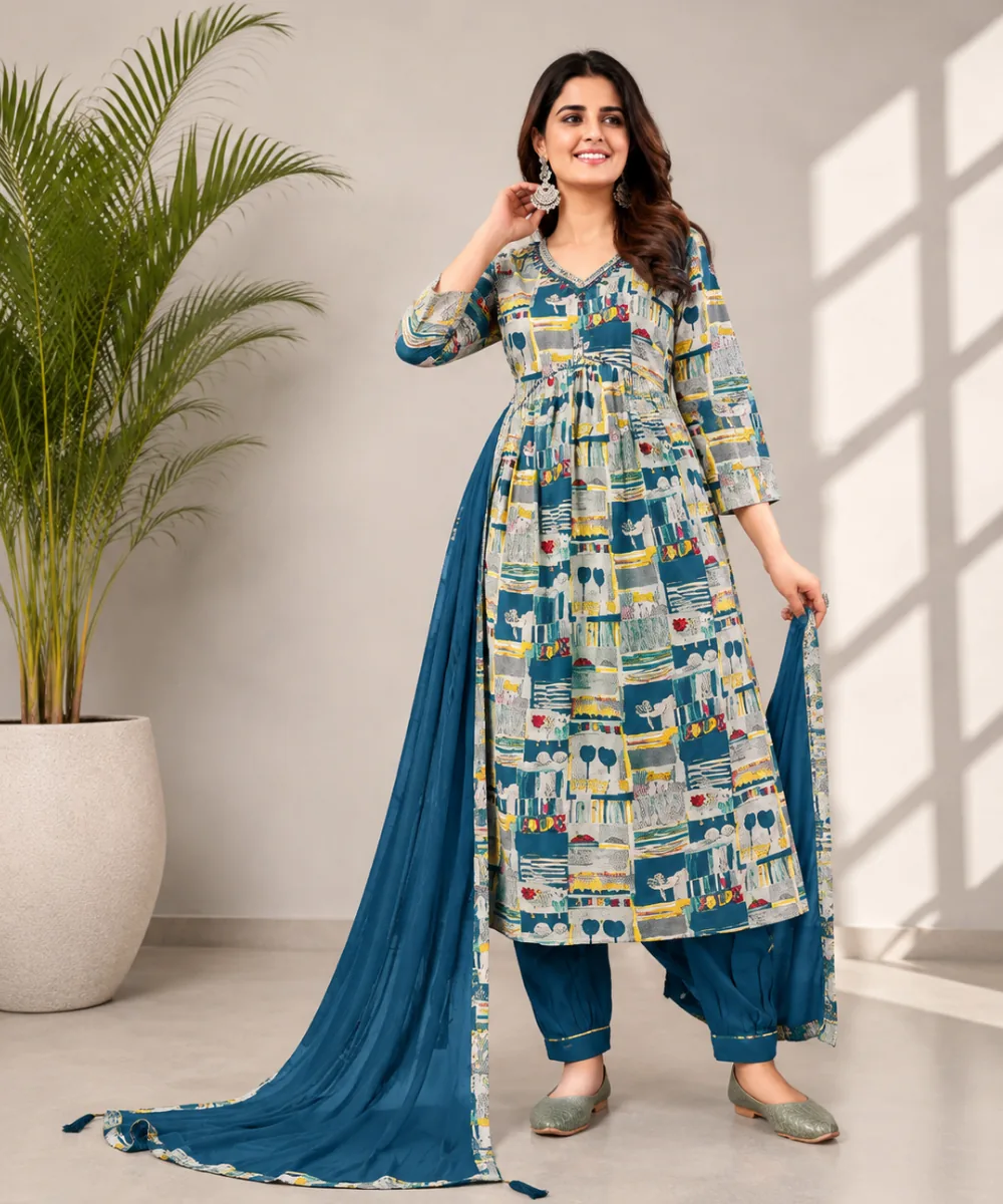 Printed Blue Suit - D-46-2227 wholesale 3 Piece Suit